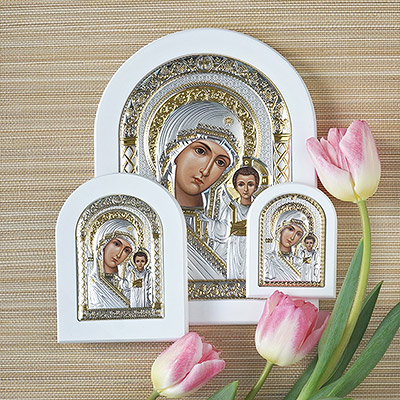 Икона белое дерево "Богородица" серебристая - миниатюра фотографии товара в каталоге ЛиноБамбино