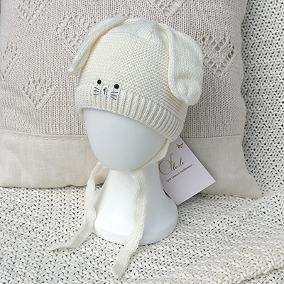 Вязаная шапочка "Зайка" молочная - миниатюра фотографии товара в каталоге ЛиноБамбино