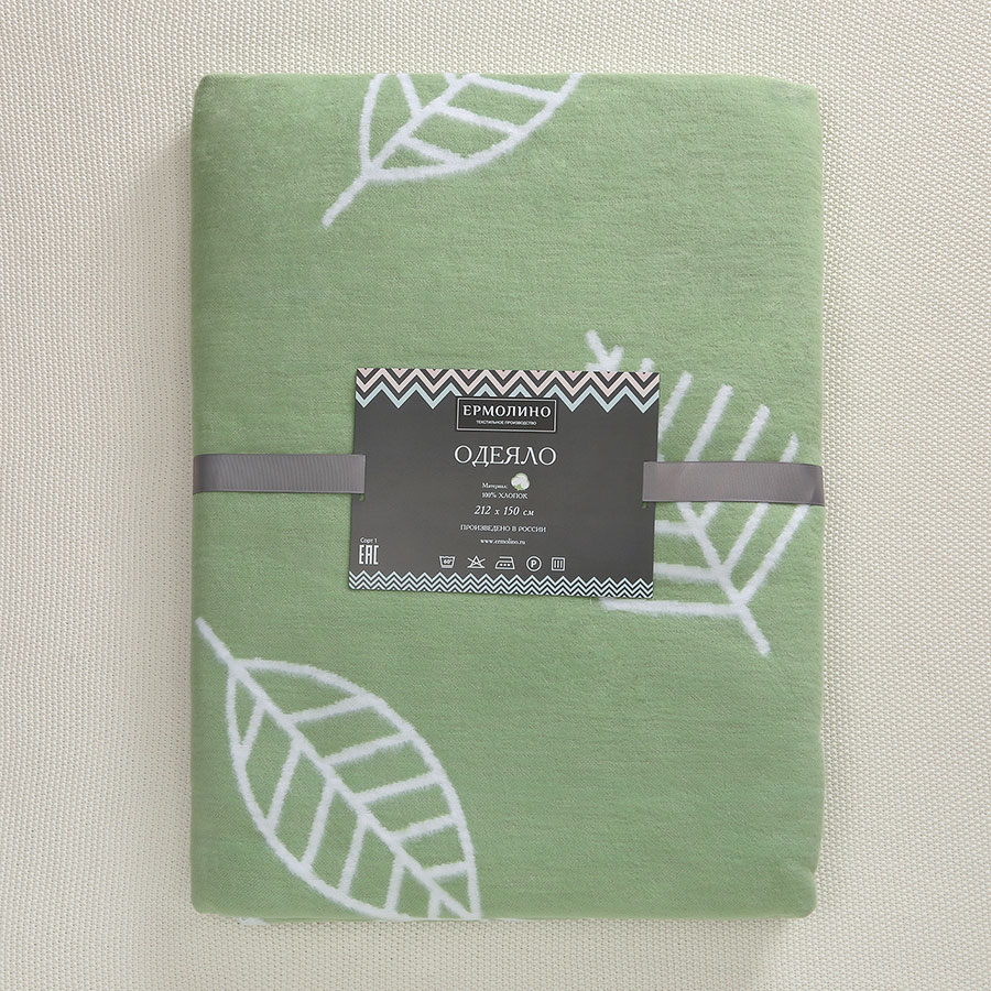 1,5-спальное байковое одеяло "Листья" зеленое фото 3