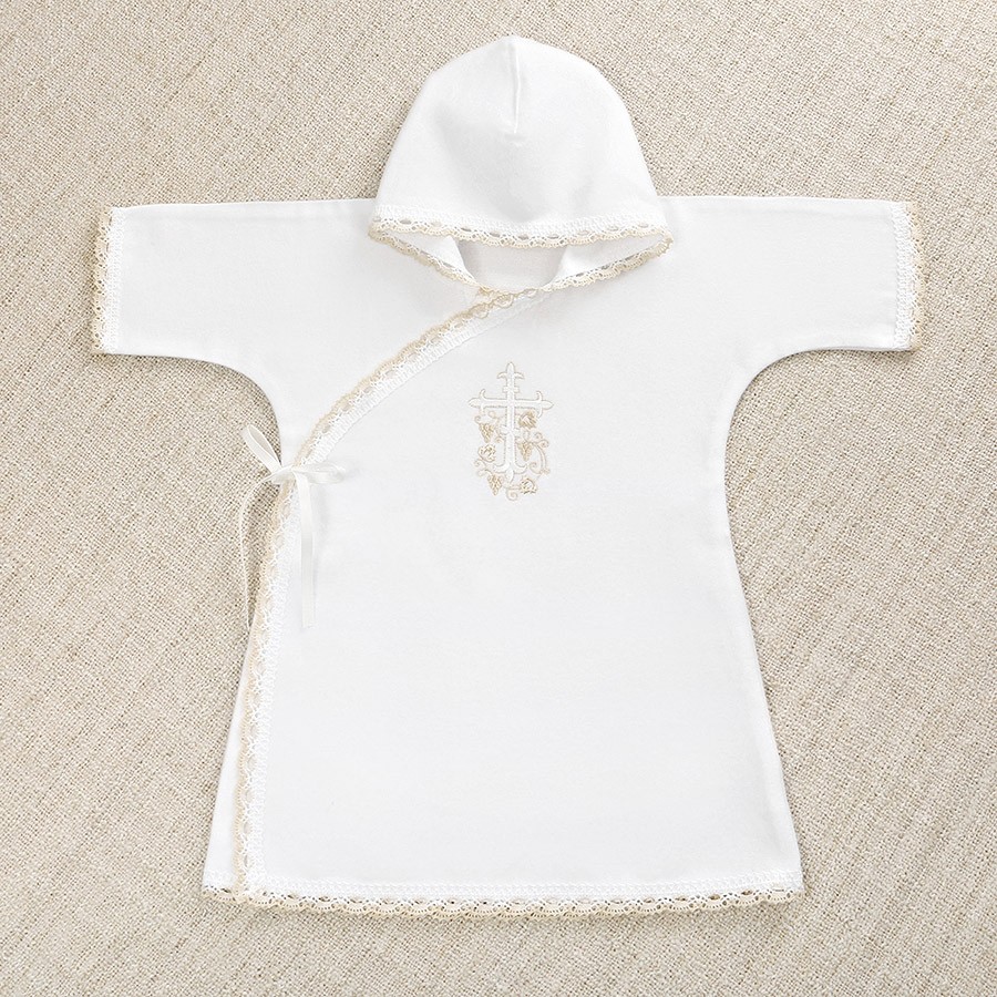 Детская крестильная рубашка "Бежевый лучик" с капюшоном фото 9