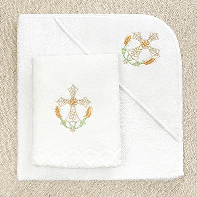 Фото товара "Крестильное полотенце с уголком "Крест с колосьями"" при наведении