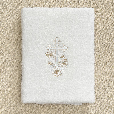 Махровое крестильное полотенце "Крестик с золотой лилией" - миниатюра фотографии товара в каталоге ЛиноБамбино