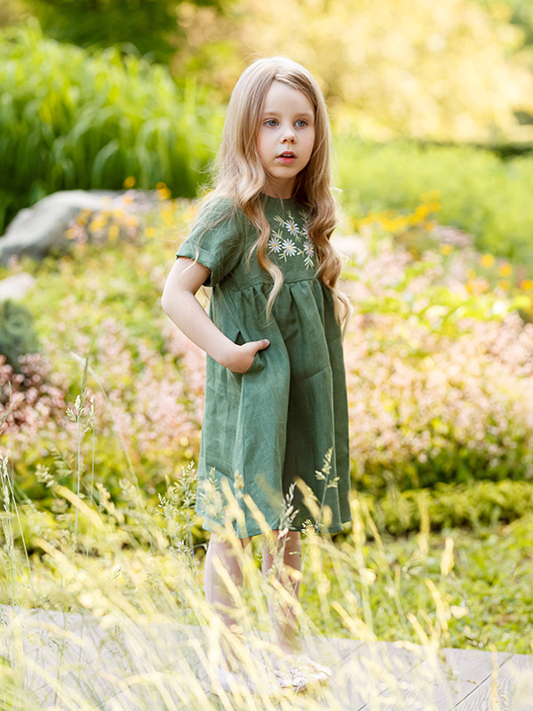 Платье Ромашки зеленое лён фото 4