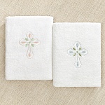 Классическое махровое полотенце для крещения "Крест с листочками"